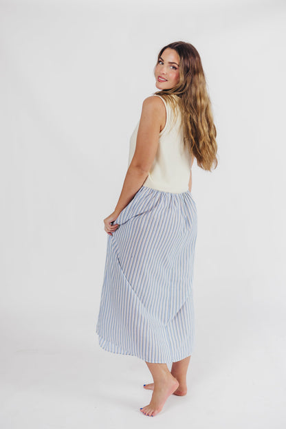 Hannah Combination Midi Dress in Ivory/Blue