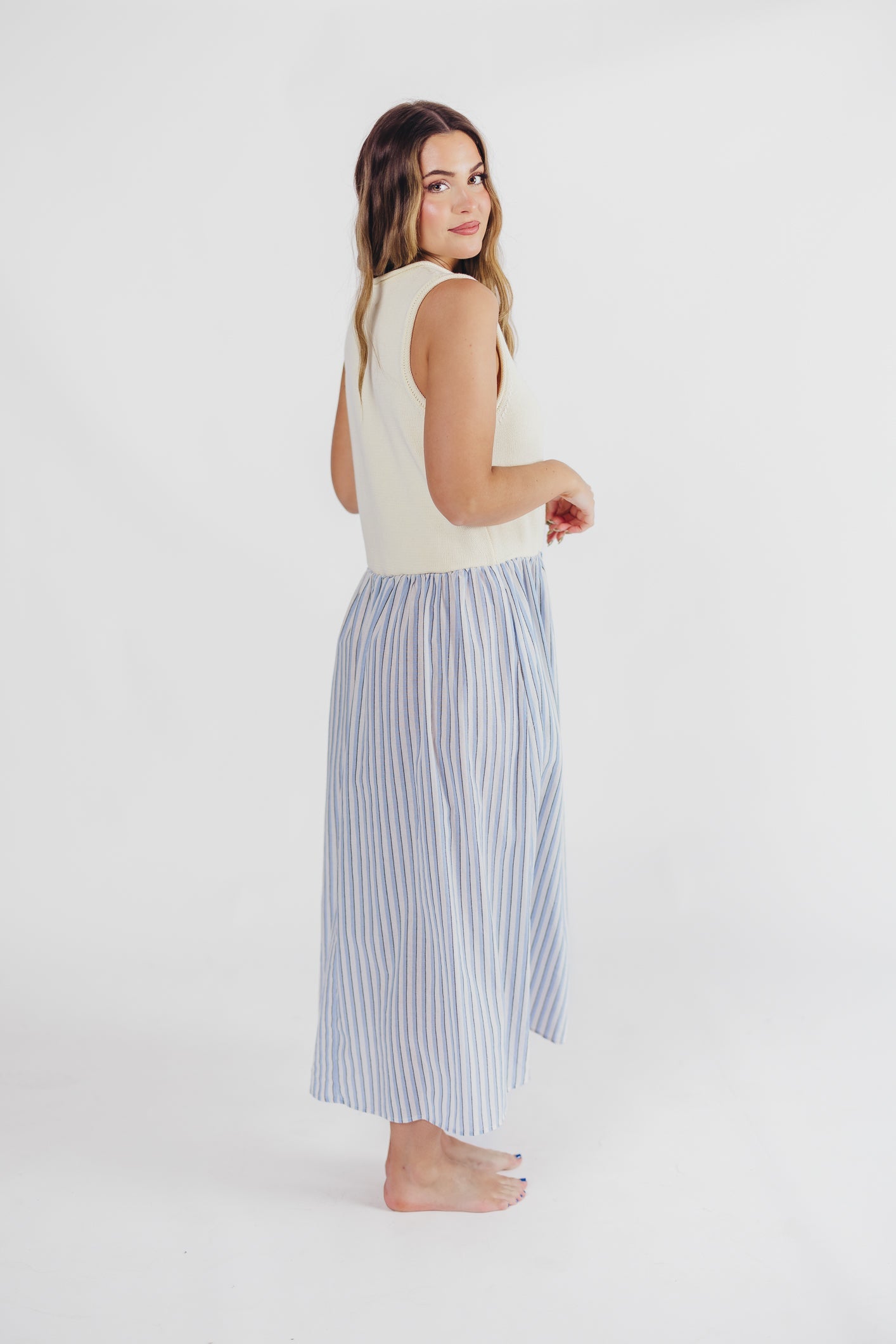 Hannah Combination Midi Dress in Ivory/Blue