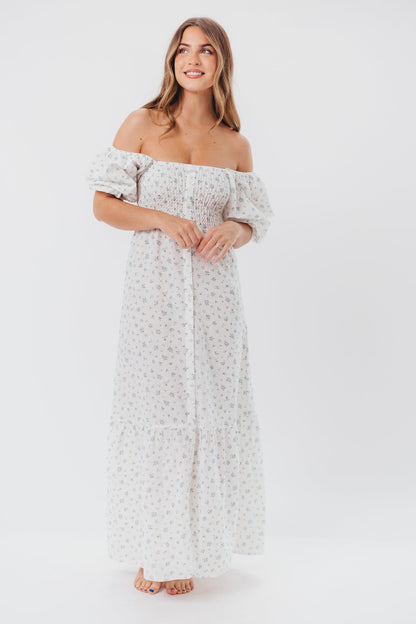 Daisy Maxi Dress in White/Blue Floral