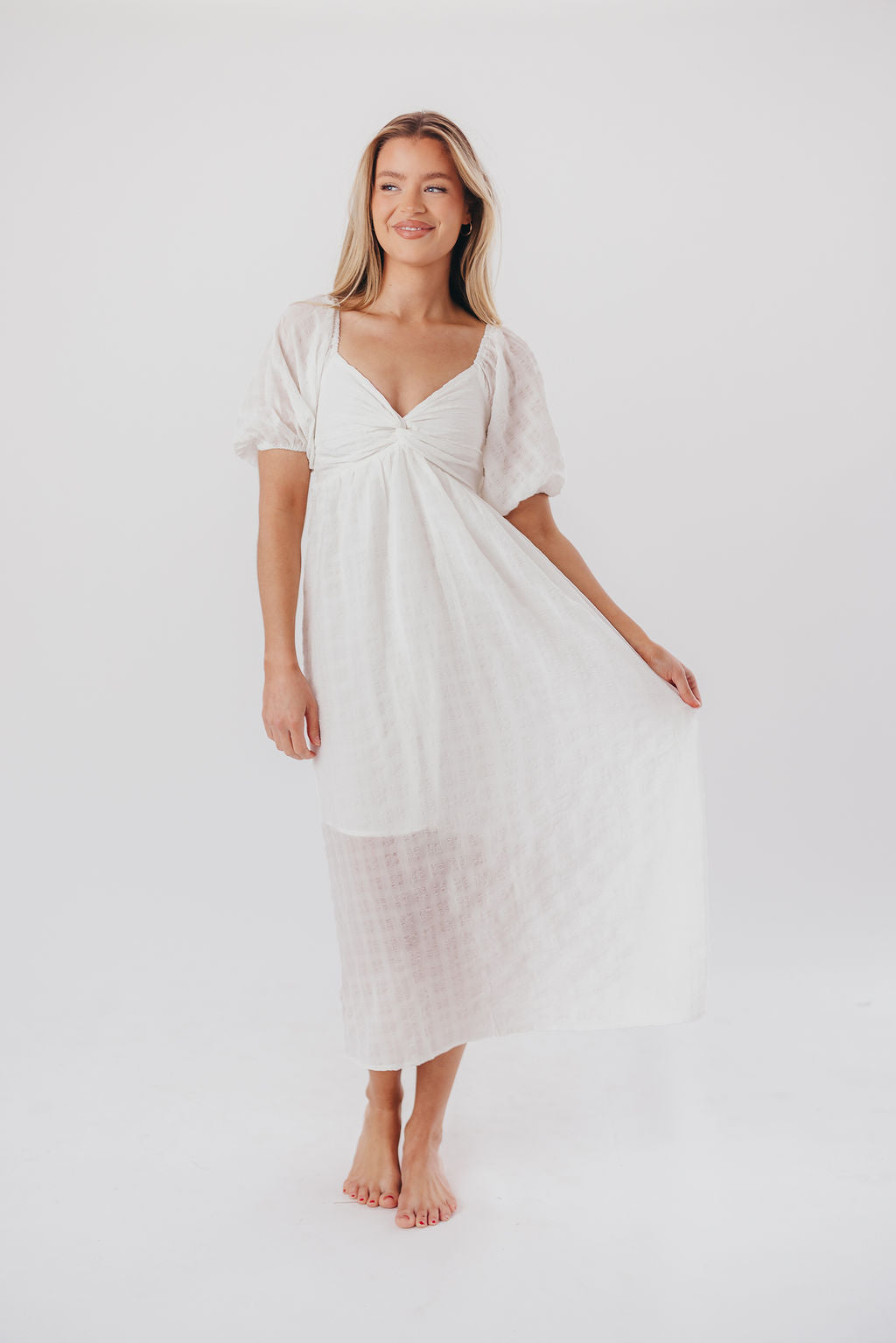 Clara Puffed Sleeve Midi Dress with Twisted Bodice in Cotton