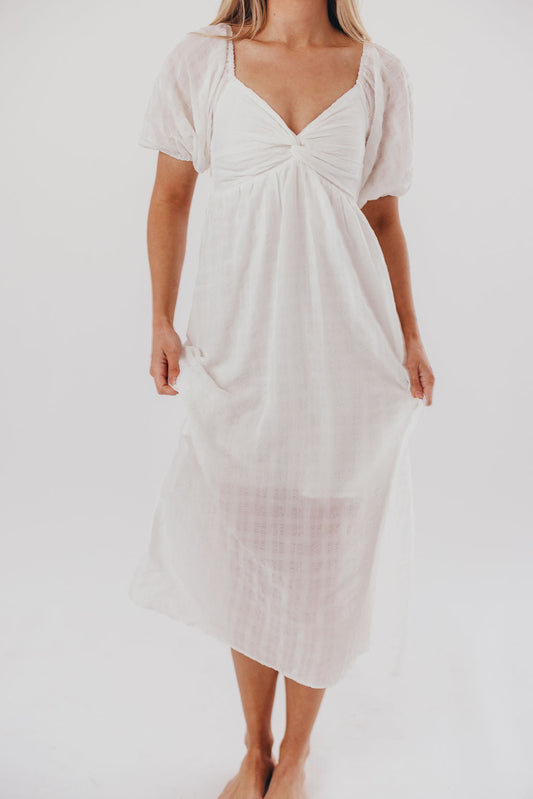 Clara Puffed Sleeve Midi Dress with Twisted Bodice in Cotton