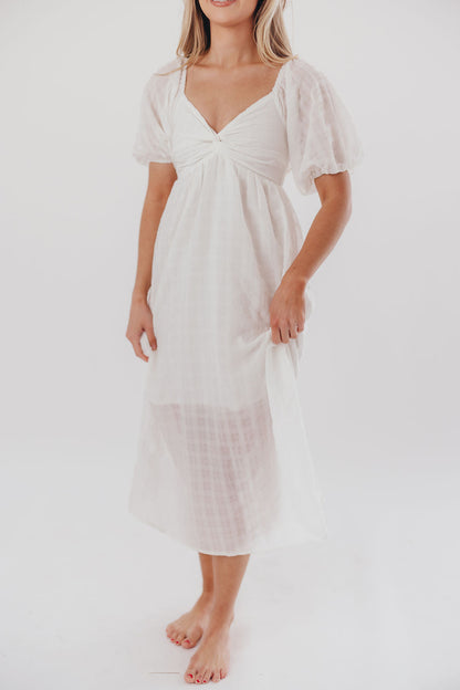 Clara Puffed Sleeve Midi Dress with Twisted Bodice in Cotton