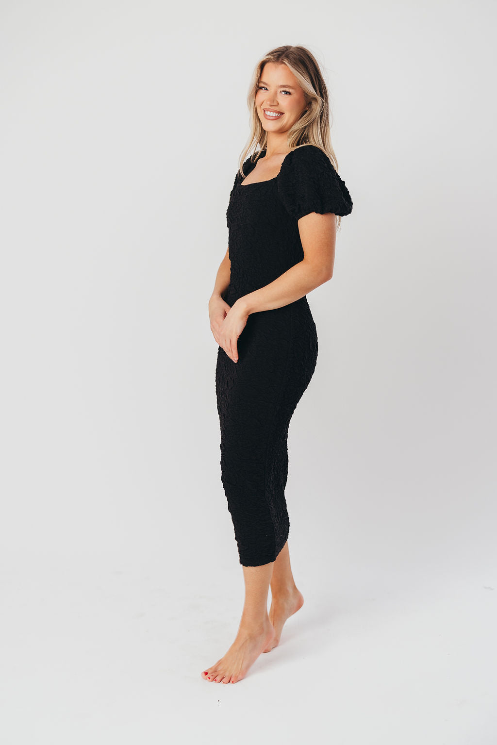 Blakeley Textured Midi Dress in Black - Bump Friendly & Inclusive Sizing (S-3XL)