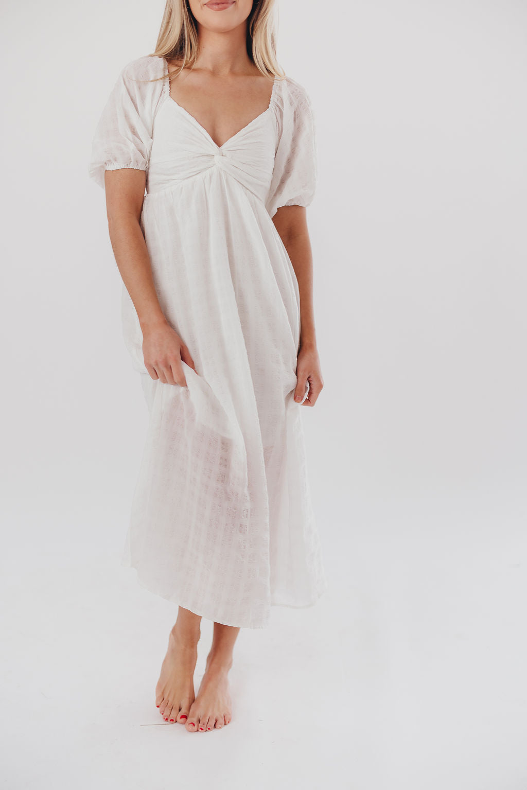 Clara Puffed Sleeve Midi Dress with Twisted Bodice in Cotton