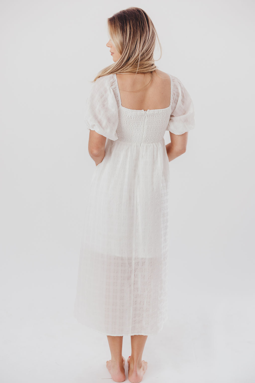 Clara Puffed Sleeve Midi Dress with Twisted Bodice in Cotton