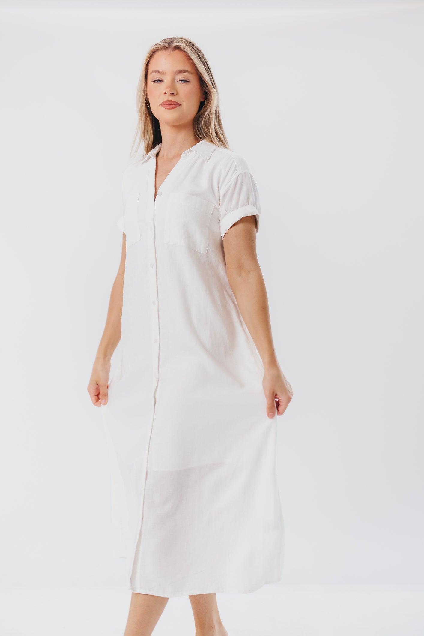 Paris Linen-Blend Midi Shirt Dress in Blanc - Nursing Friendly