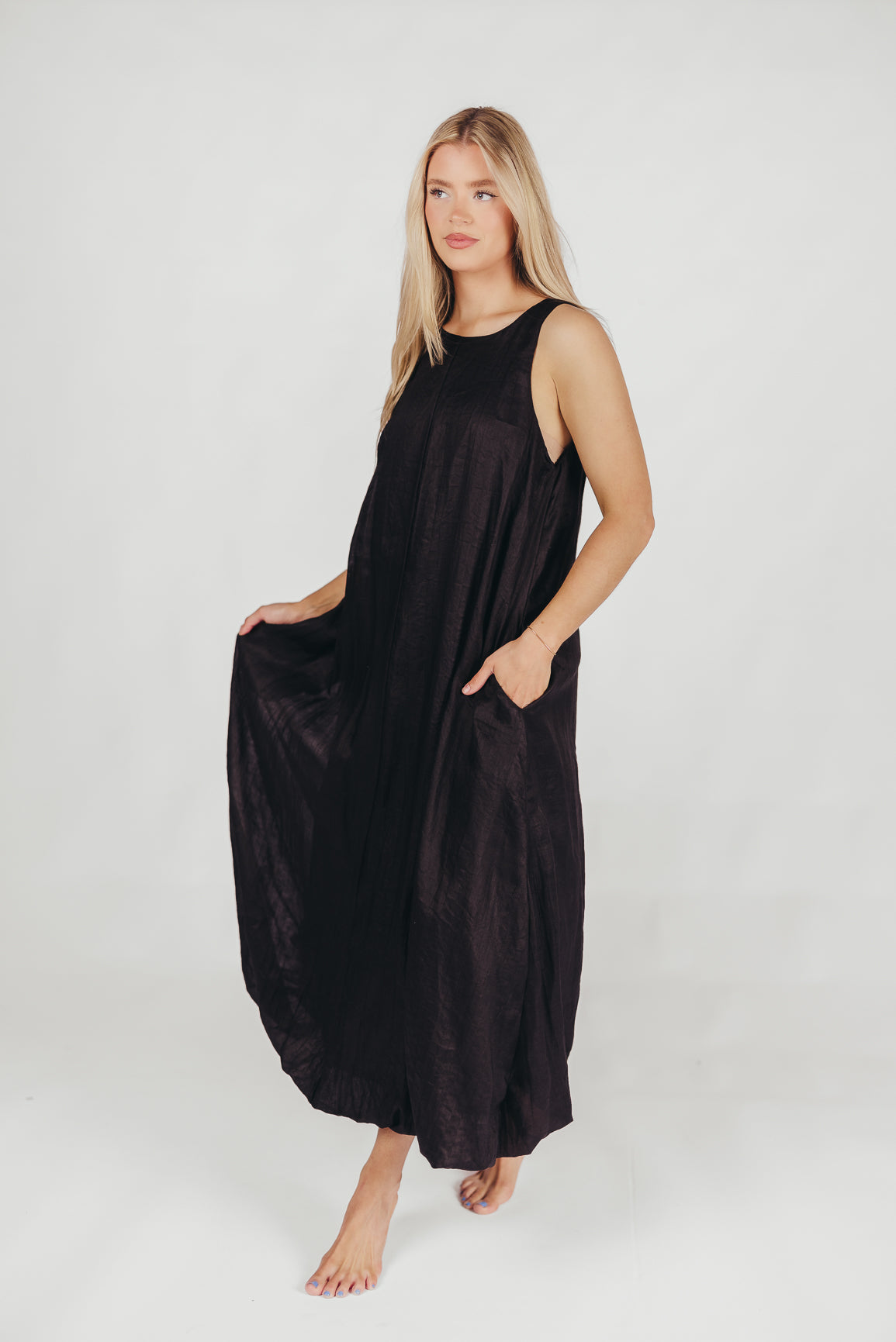 Charlie Linen-Blend Tank Maxi Dress with Pockets in Black