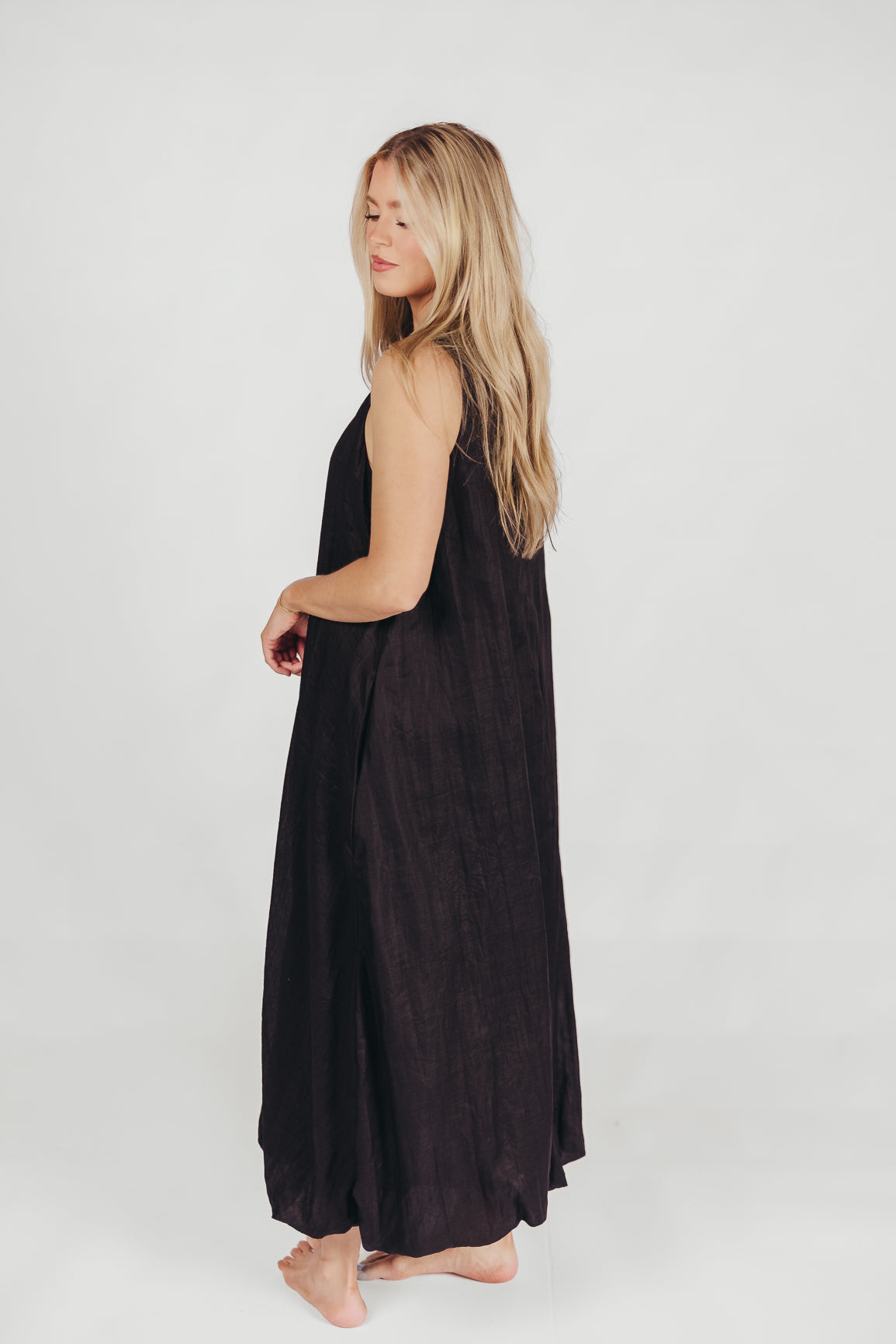 Charlie Linen-Blend Tank Maxi Dress with Pockets in Black