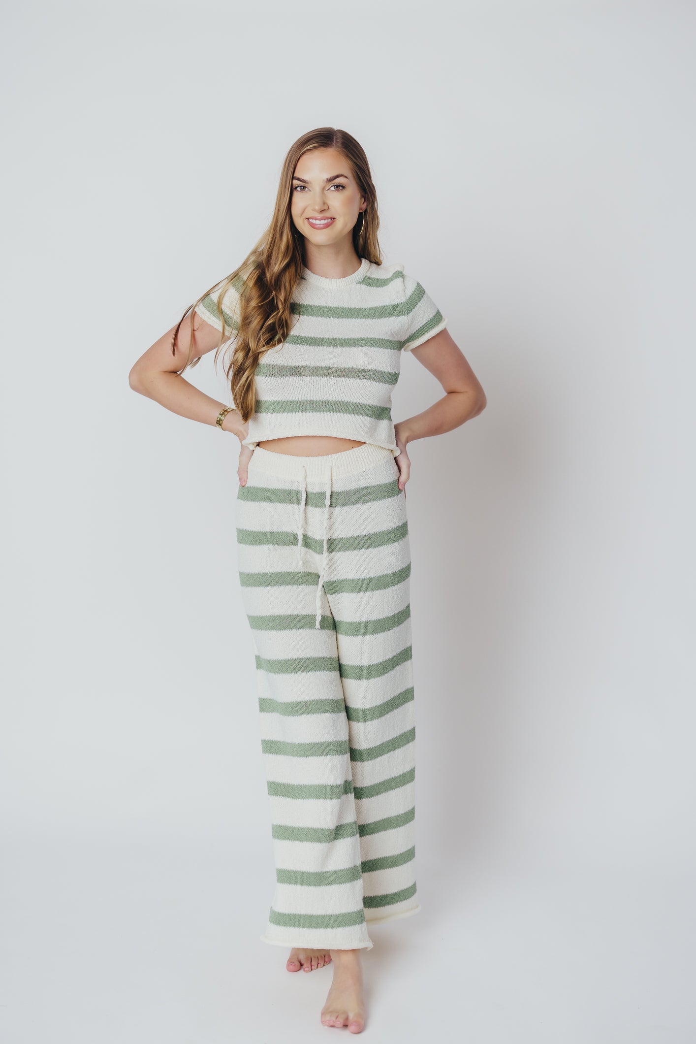 Callan Wide Stripe Crop Top and Pant Set in Sage