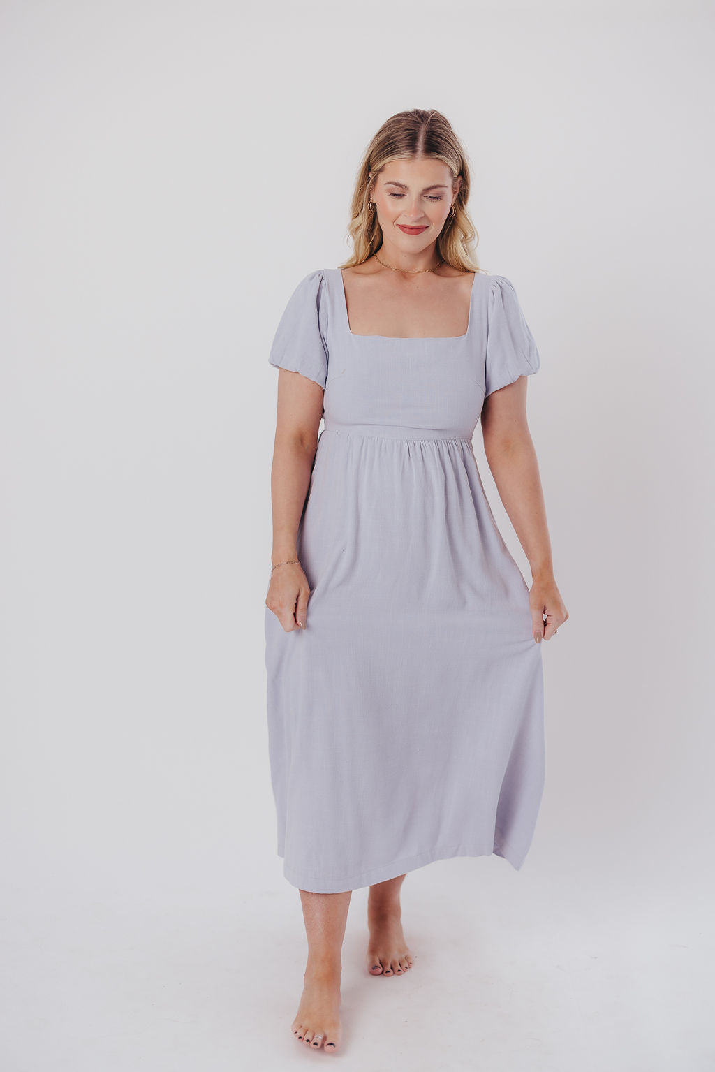 Ainsley Square Neck Midi Dress with Puffed Sleeves in Morning Glory - Bump Friendly & Inclusive Sizing (S-3XL)