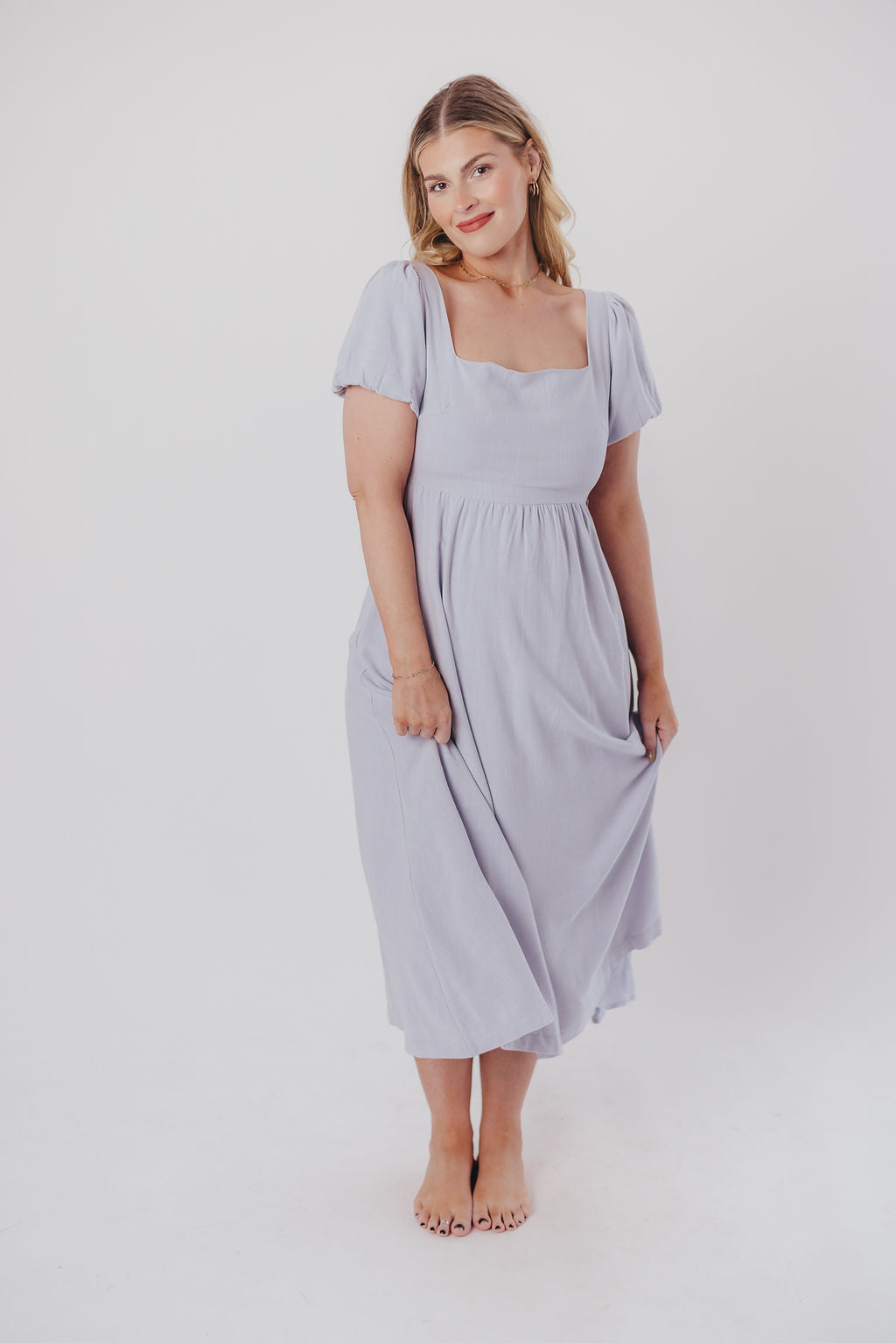 Ainsley Square Neck Midi Dress with Puffed Sleeves in Morning Glory - Bump Friendly & Inclusive Sizing (S-3XL)