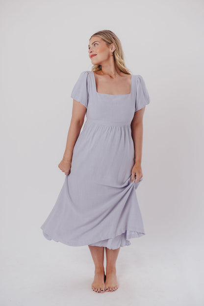 Ainsley Square Neck Midi Dress with Puffed Sleeves in Morning Glory - Bump Friendly & Inclusive Sizing (S-3XL)