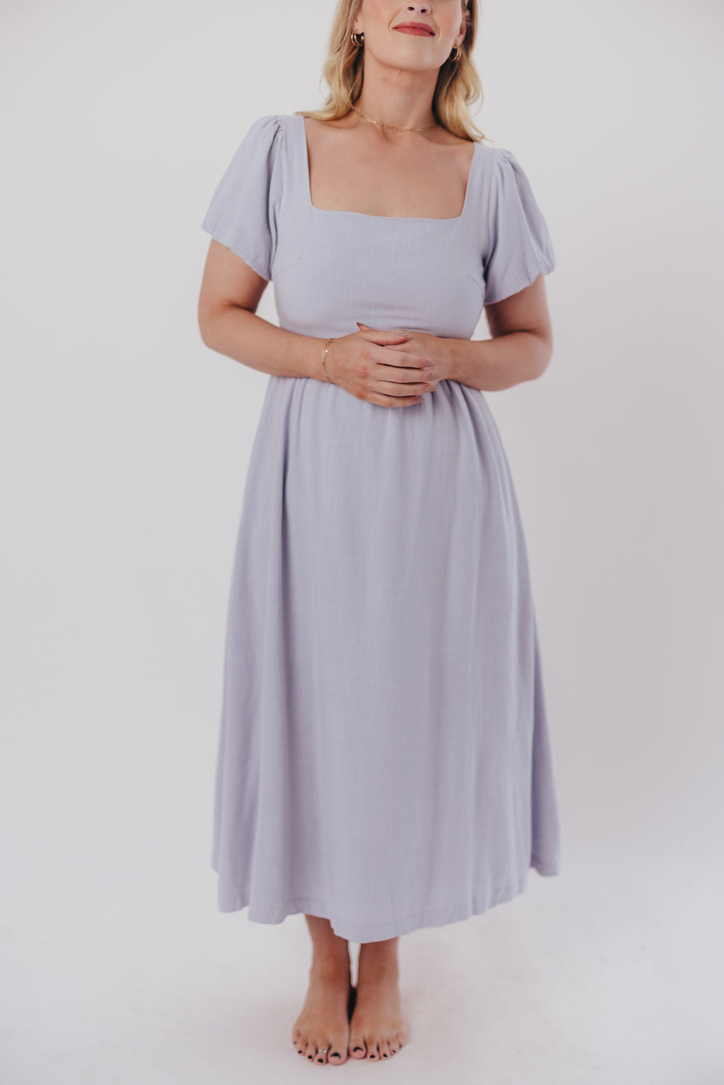 Ainsley Square Neck Midi Dress with Puffed Sleeves in Morning Glory - Bump Friendly & Inclusive Sizing (S-3XL)