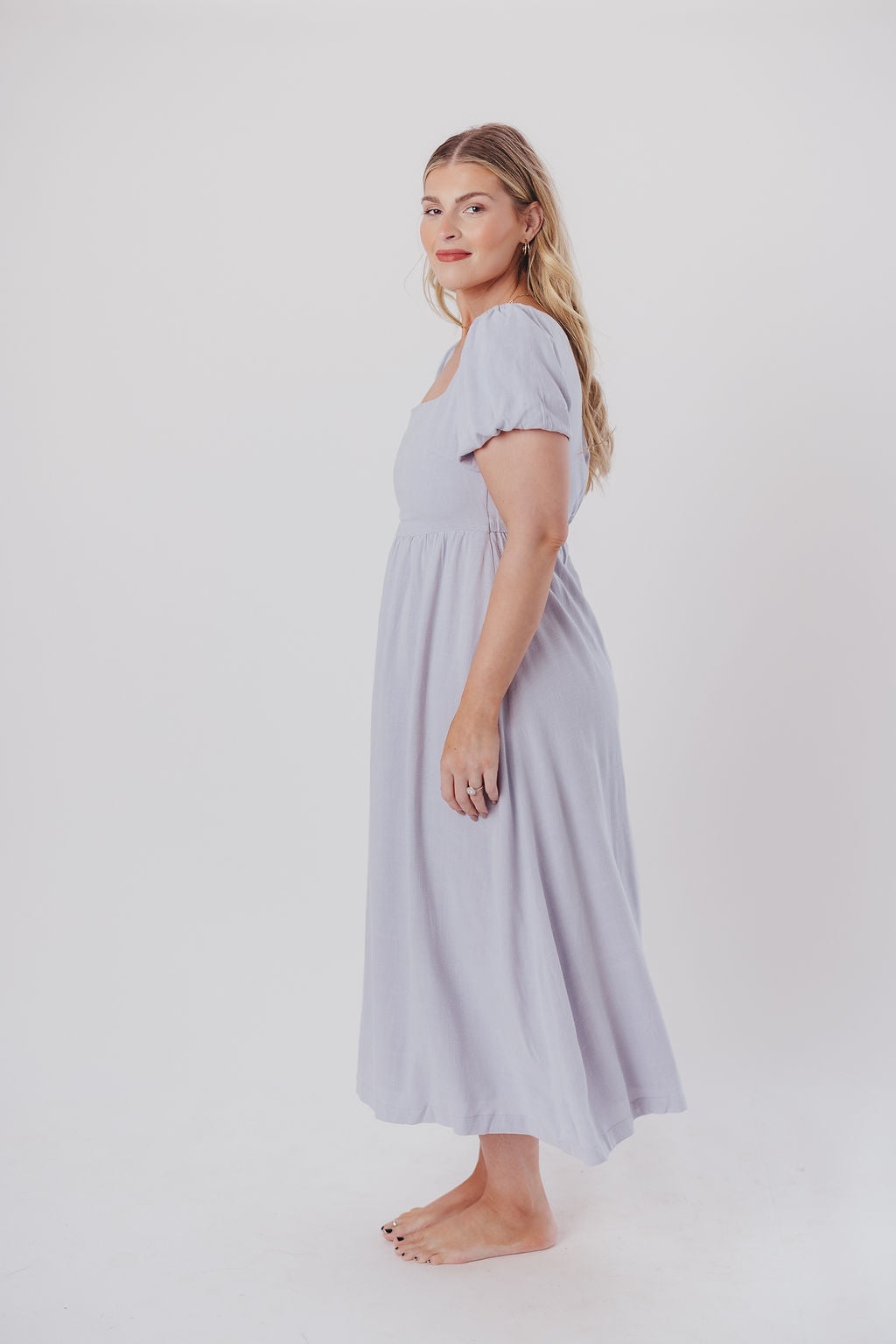 Ainsley Square Neck Midi Dress with Puffed Sleeves in Morning Glory - Bump Friendly & Inclusive Sizing (S-3XL)