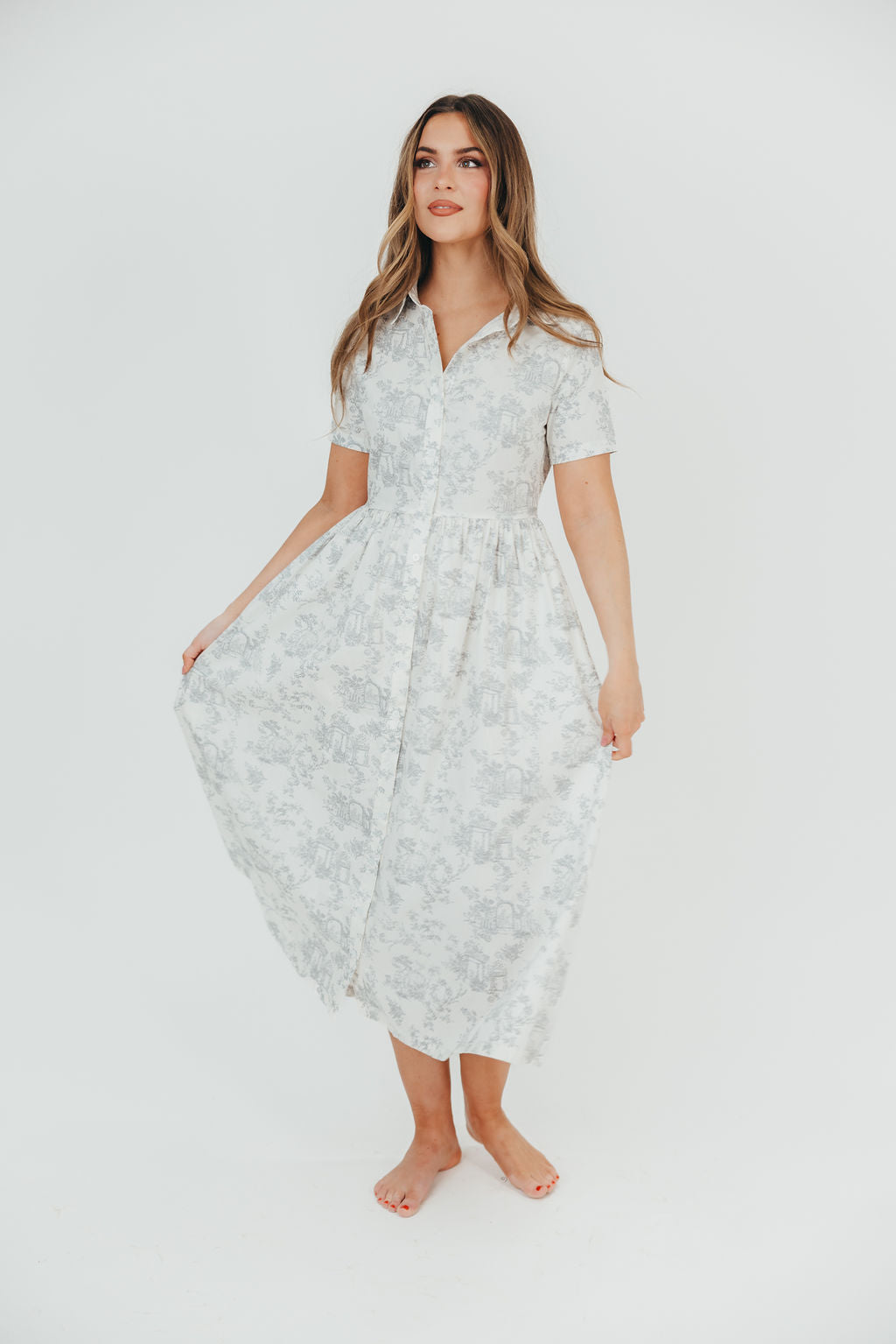 Coastal 100% Cotton Midi Dress in Ivory/Grey/Blue - Bump & Nursing Friendly & Inclusive Sizing (S-3XL) Final Restock!!