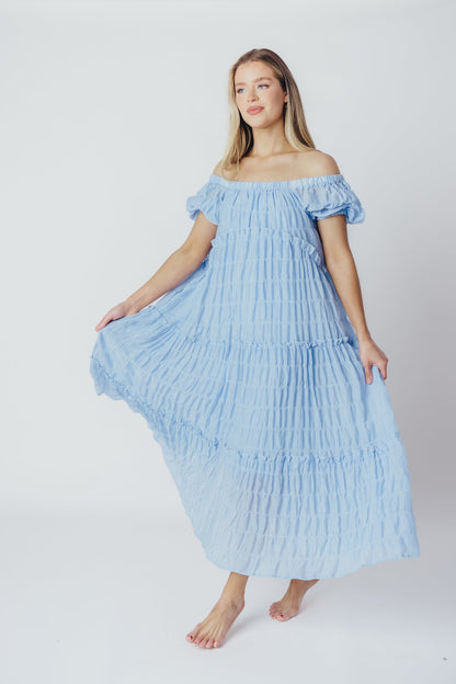 Kendall On and Off the Shoulder Maxi Dress with Ruffled Tiers in Blue