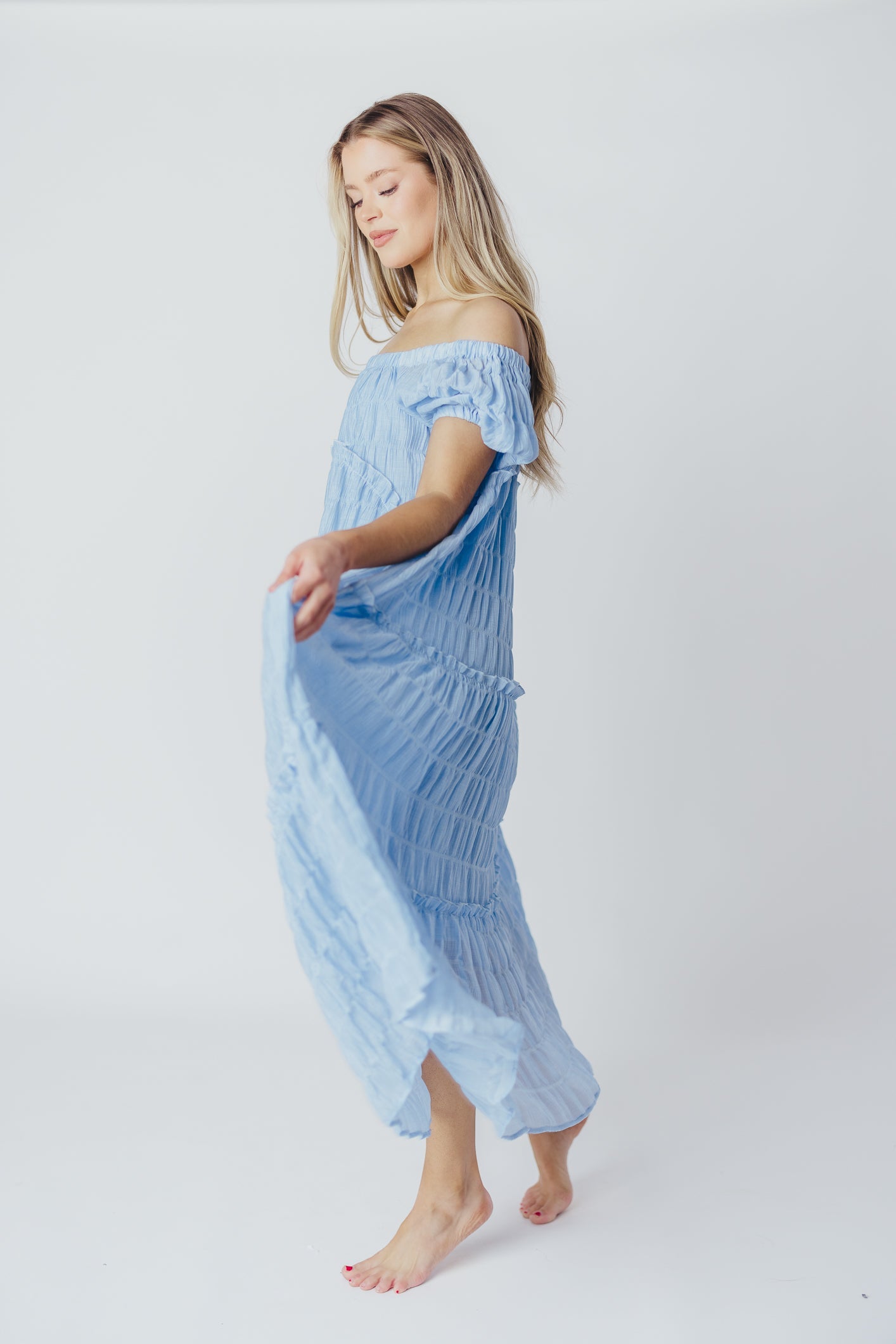 Kendall On and Off the Shoulder Maxi Dress with Ruffled Tiers in Blue