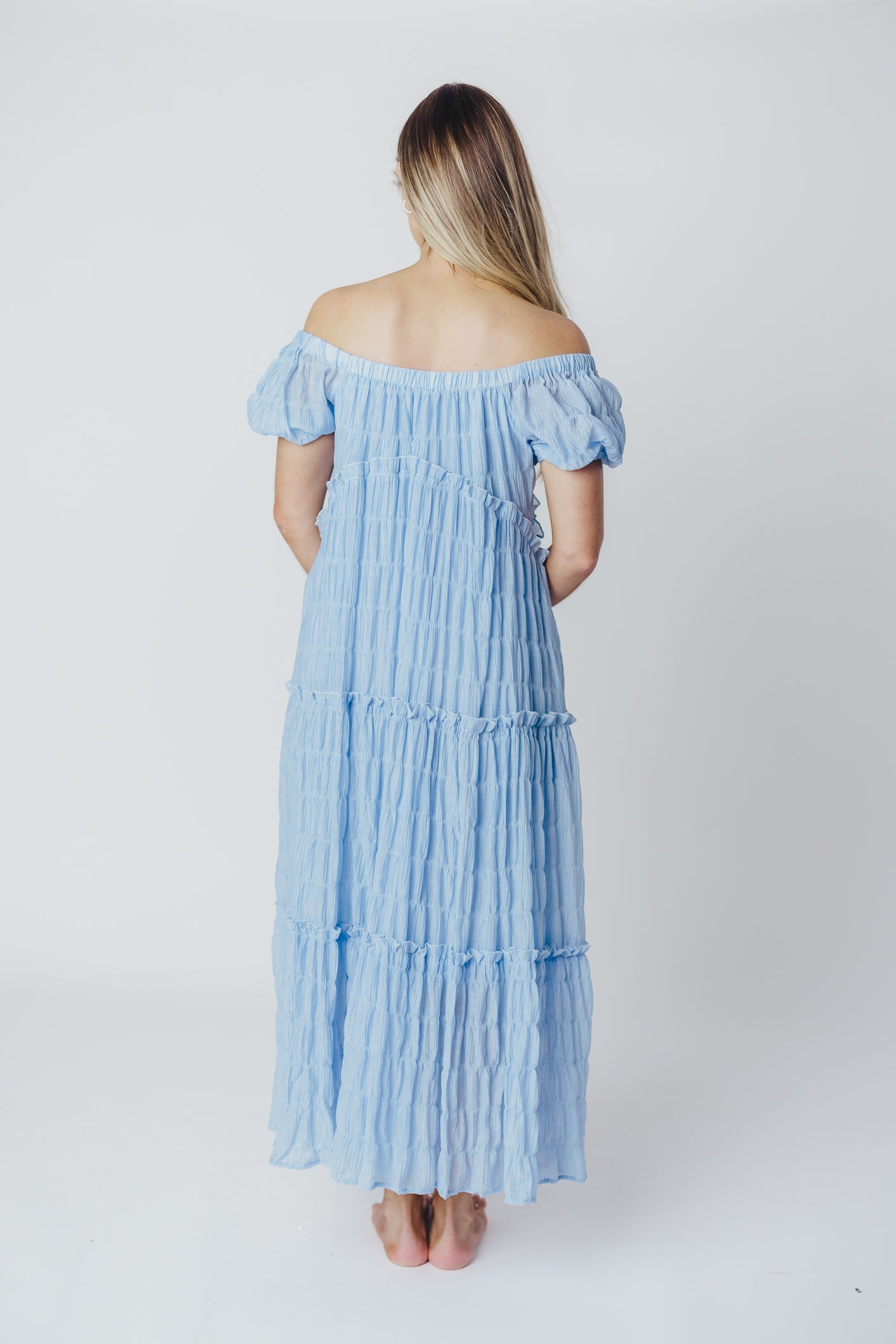 Kendall On and Off the Shoulder Maxi Dress with Ruffled Tiers in Blue