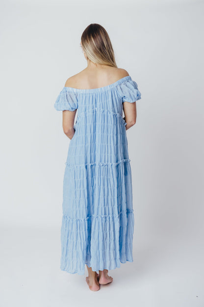 Kendall On and Off the Shoulder Maxi Dress with Ruffled Tiers in Blue