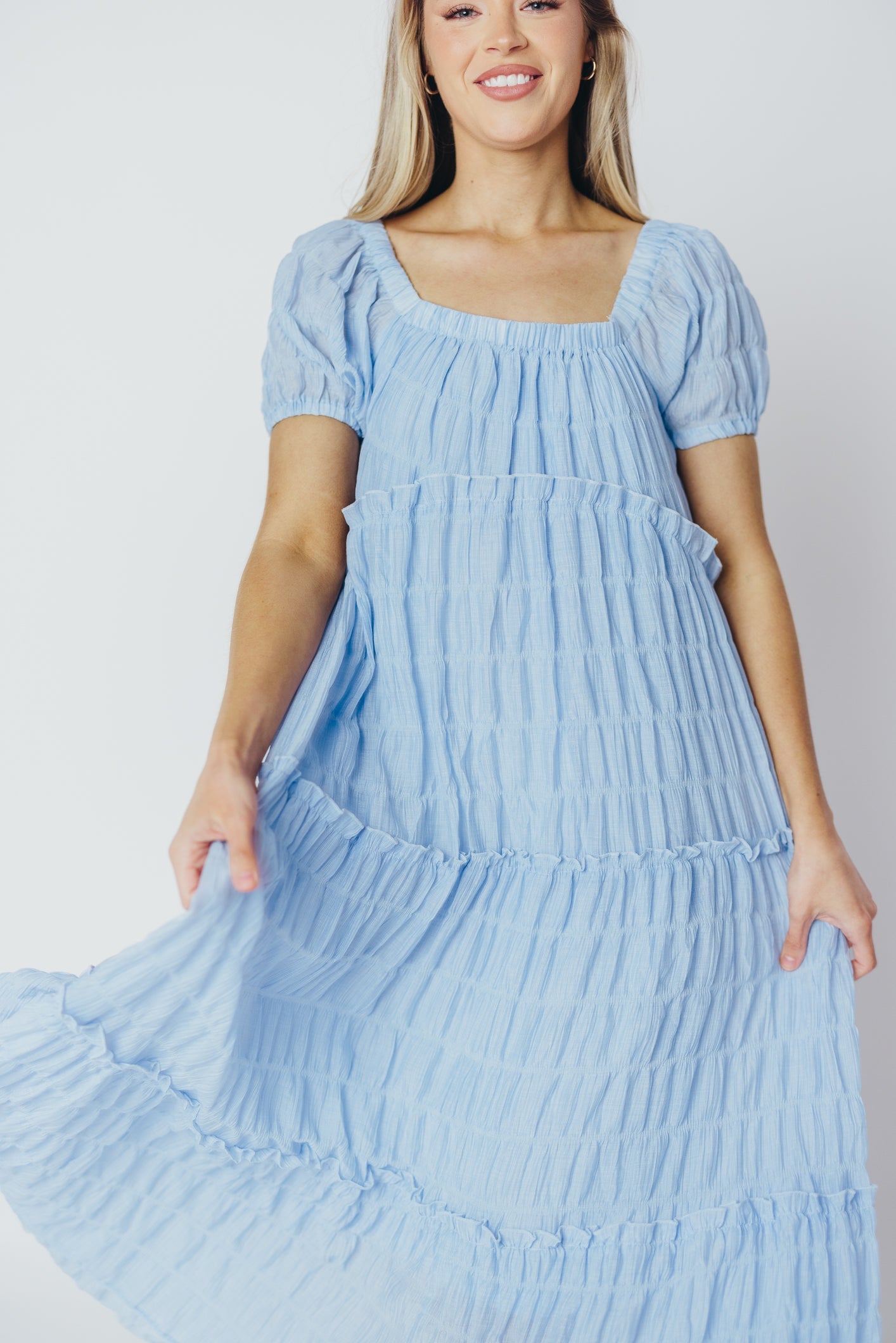 Kendall On and Off the Shoulder Maxi Dress with Ruffled Tiers in Blue