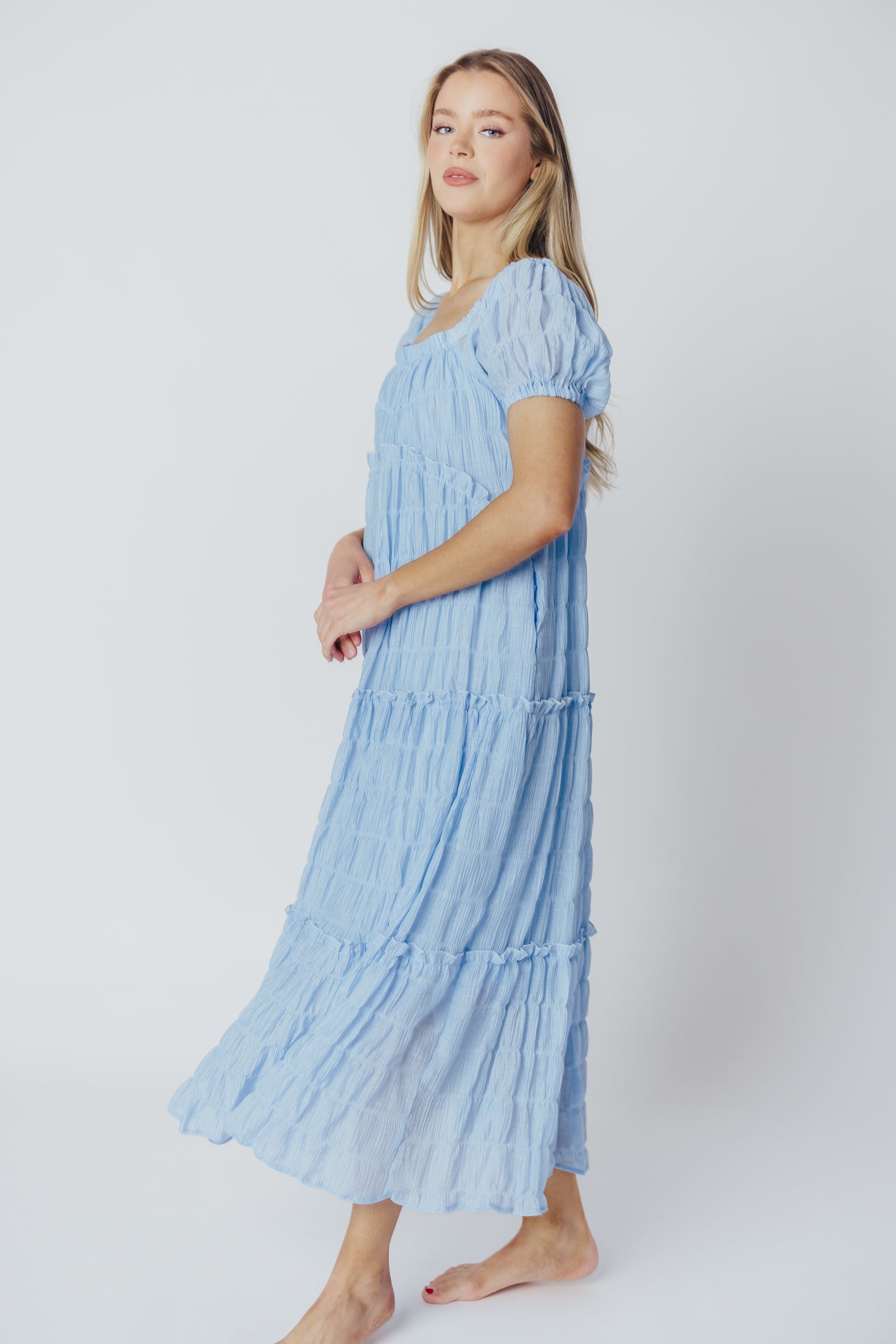 Kendall On and Off the Shoulder Maxi Dress with Ruffled Tiers in Blue