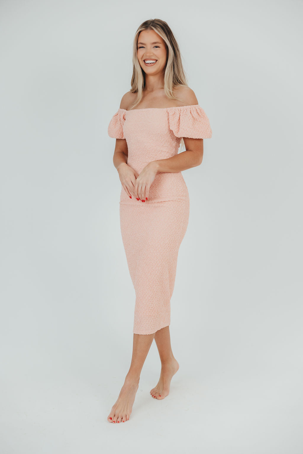 Mila Puffed Sleeve Midi Dress in Pink