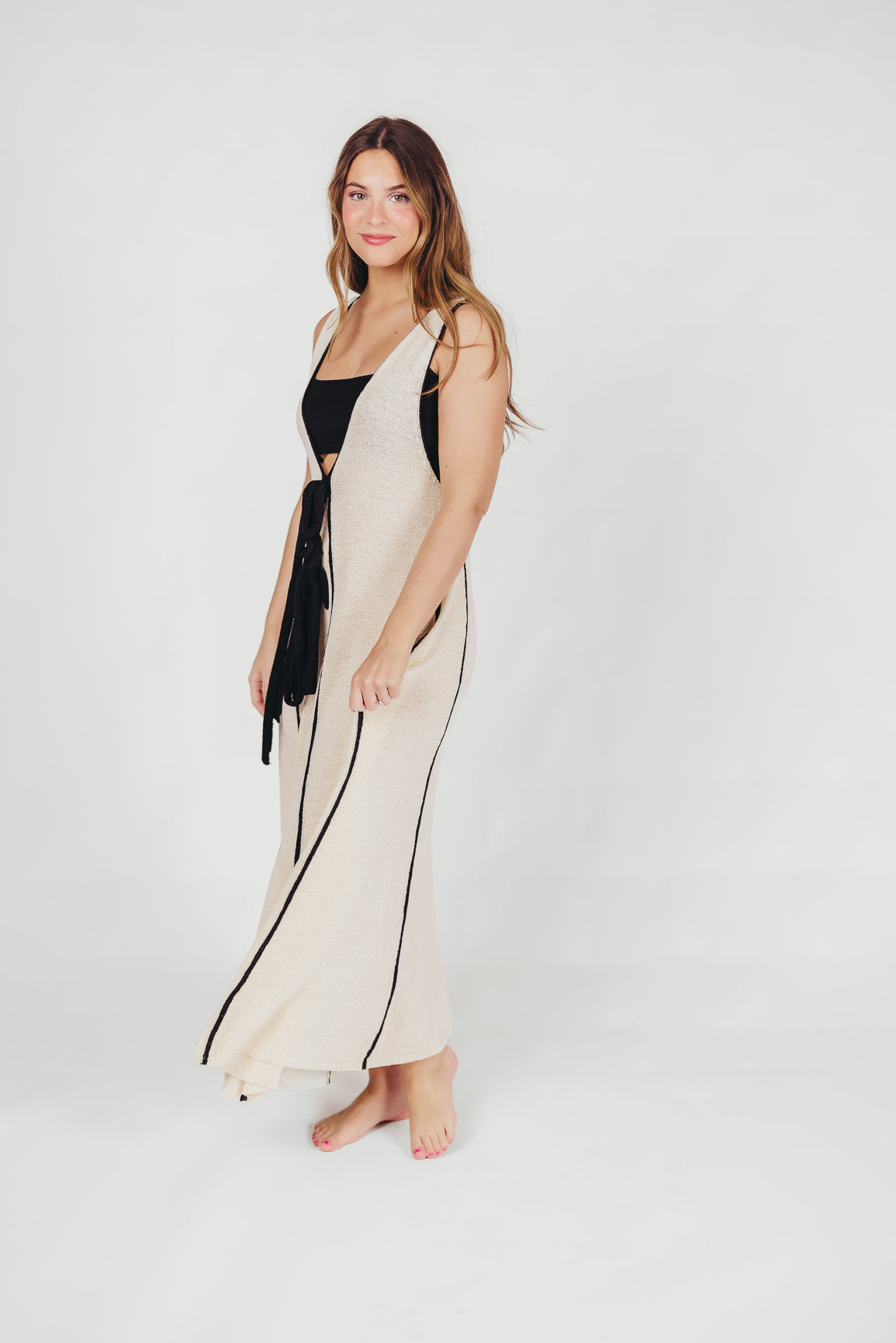 Amalie Knit V-Neck Maxi Dress with Contrast Binding and Matching Bralette in Cream/Black Swim Cover