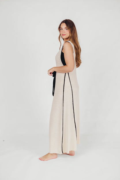 Amalie Knit V-Neck Maxi Dress with Contrast Binding and Matching Bralette in Cream/Black Swim Cover