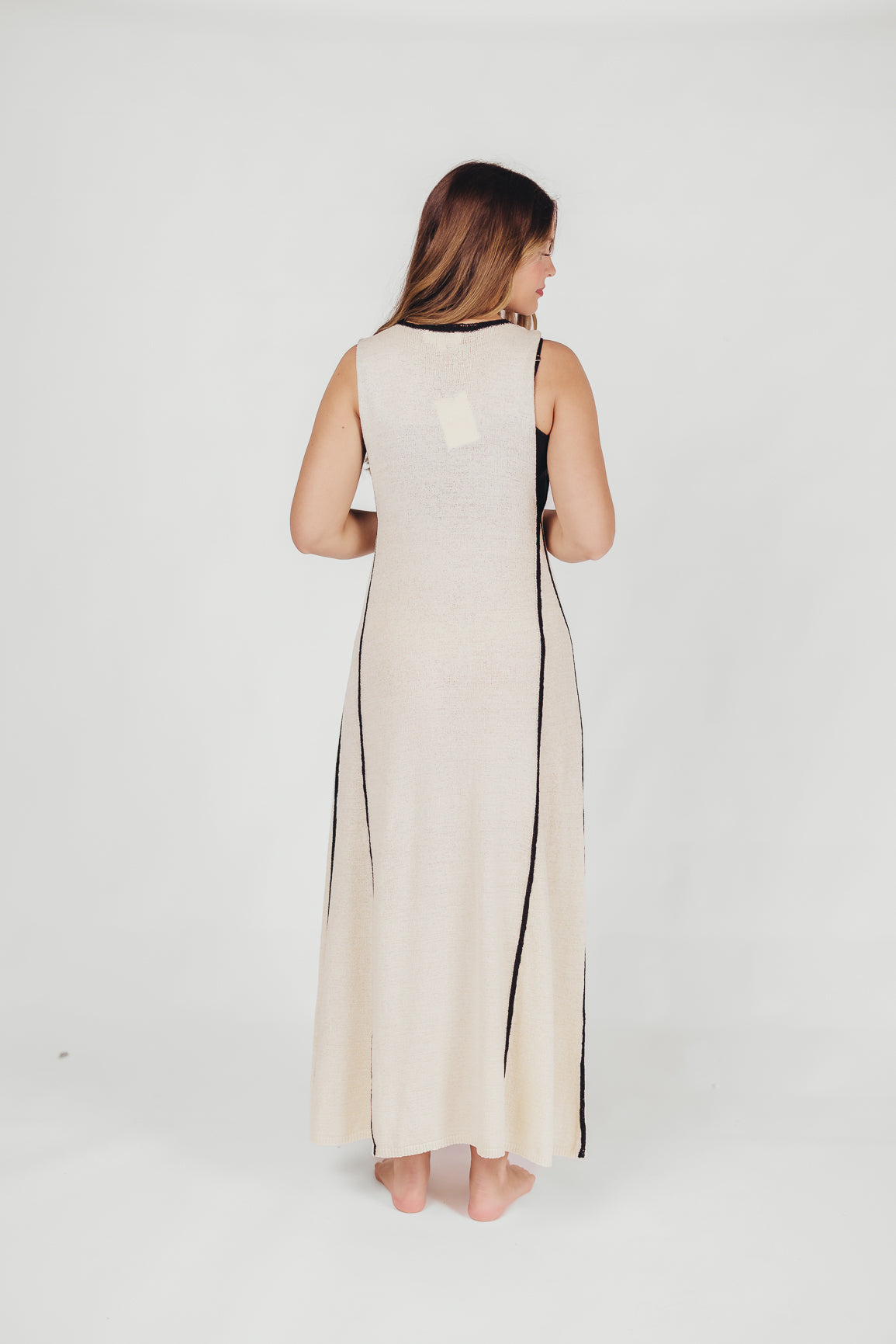 Amalie Knit V-Neck Maxi Dress with Contrast Binding and Matching Bralette in Cream/Black Swim Cover