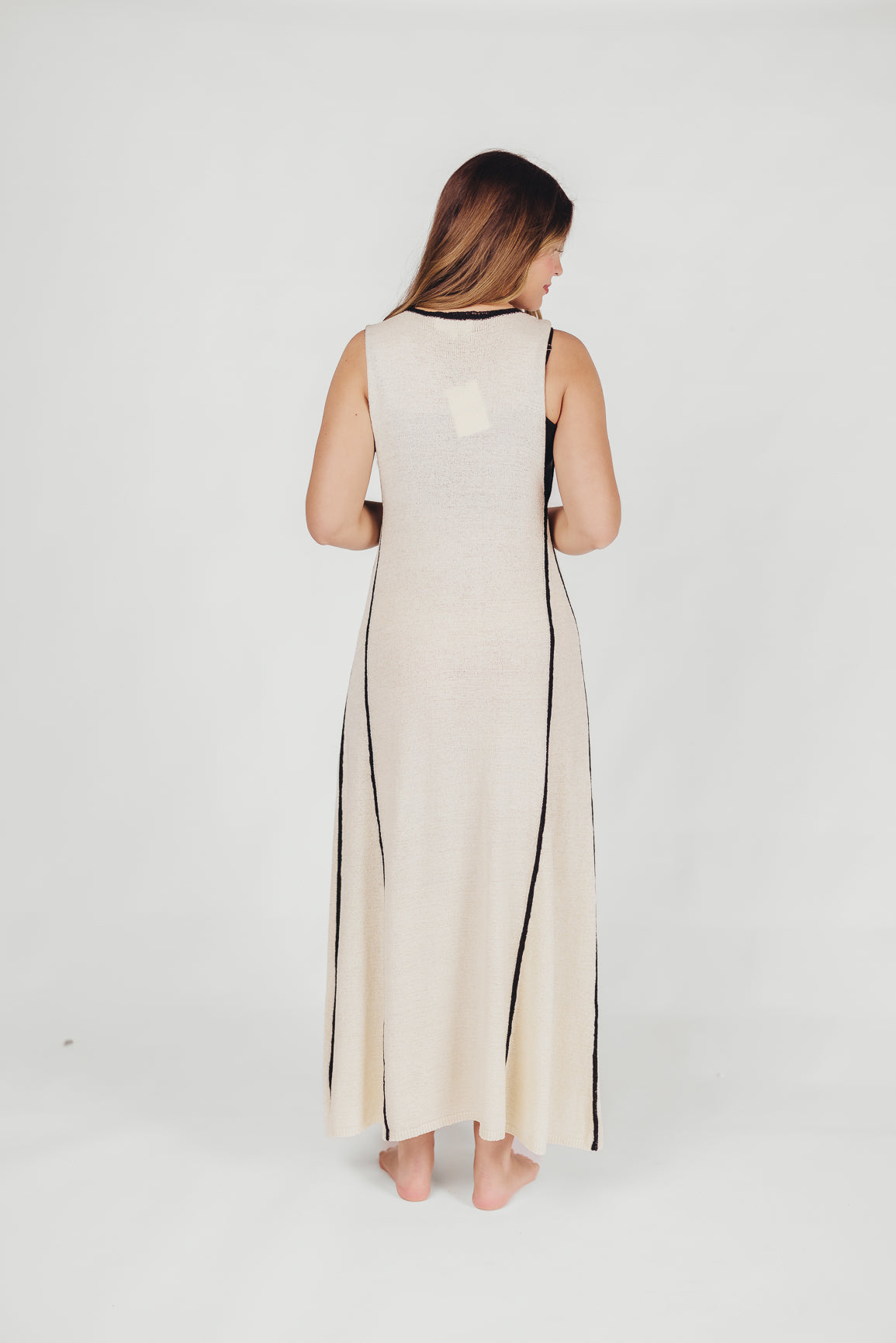 Amalie Knit V-Neck Maxi Dress with Contrast Binding and Matching Bralette in Cream/Black Swim Cover