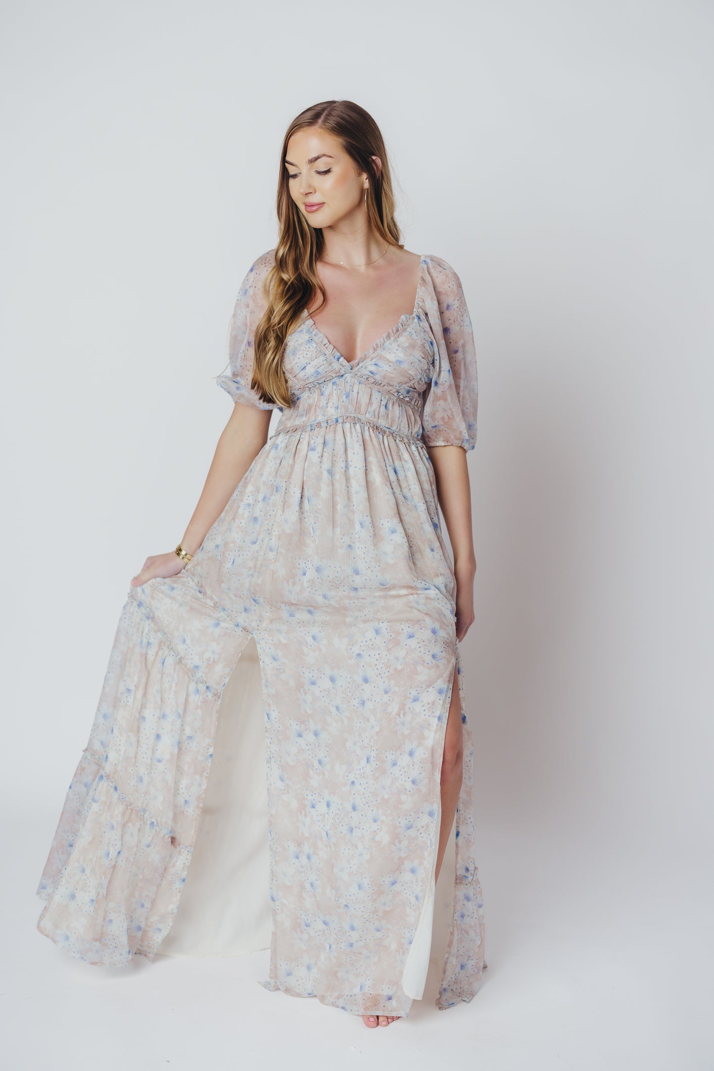 Daphne Maxi Dress in Beige Blue Floral - Bump Friendly & Inclusive Sizing (S-3XL)