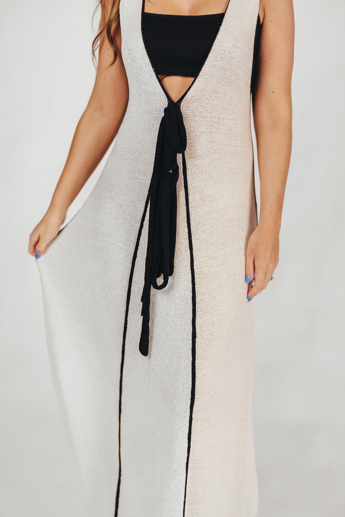 Amalie Knit V-Neck Maxi Dress with Contrast Binding and Matching Bralette in Cream/Black Swim Cover