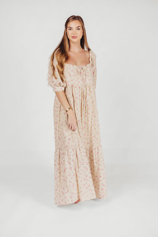 Cara 100% Cotton Maxi Dress in Pink/Brown Floral