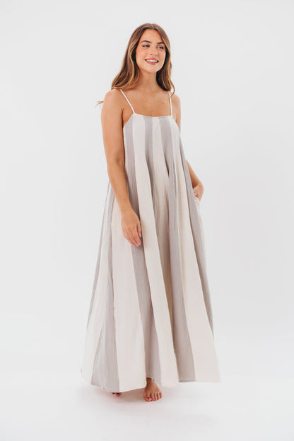 Tristan Spaghetti Strap Maxi Dress in Cream/Blue Stripe