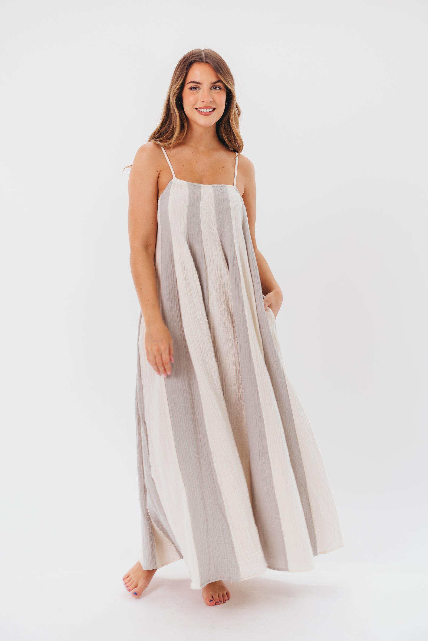 Tristan Spaghetti Strap Maxi Dress in Cream/Blue Stripe