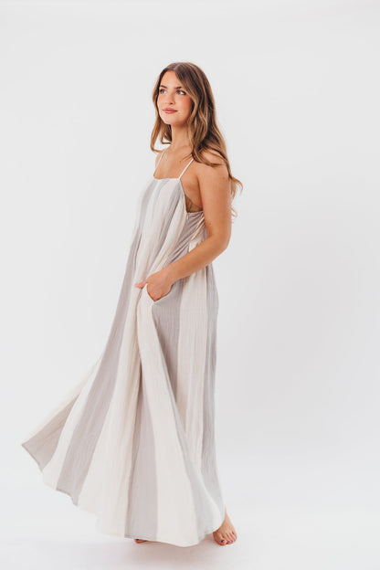 Tristan Spaghetti Strap Maxi Dress in Cream/Blue Stripe