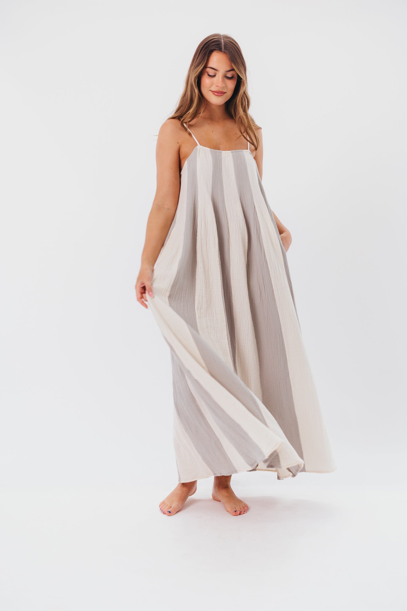 Tristan Spaghetti Strap Maxi Dress in Cream/Blue Stripe