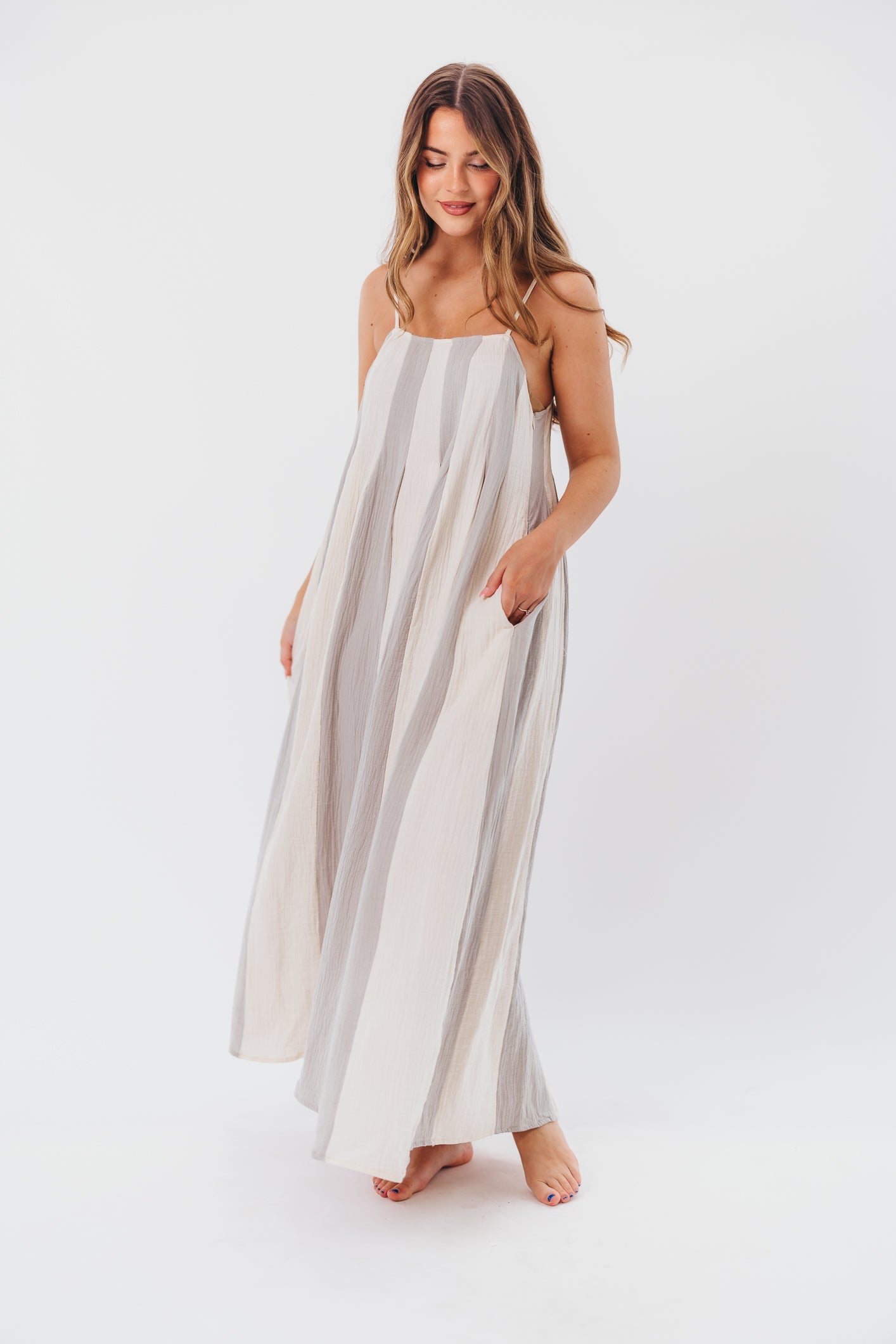 Tristan Spaghetti Strap Maxi Dress in Cream/Blue Stripe