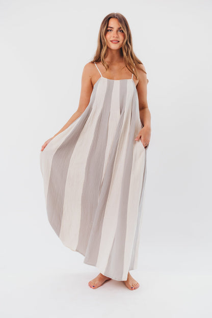 Tristan Spaghetti Strap Maxi Dress in Cream/Blue Stripe