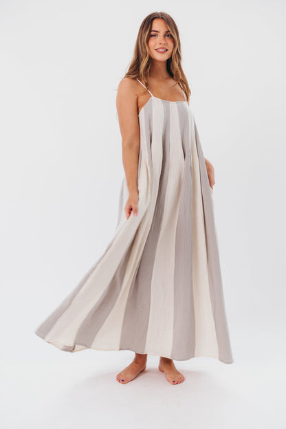 Tristan Spaghetti Strap Maxi Dress in Cream/Blue Stripe