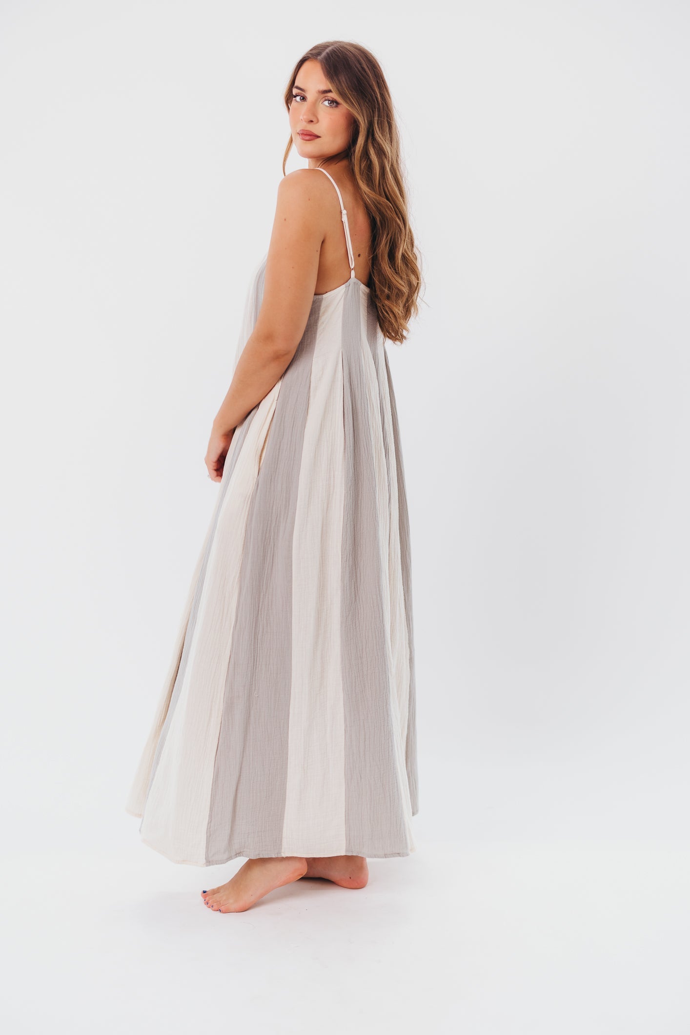 Tristan Spaghetti Strap Maxi Dress in Cream/Blue Stripe