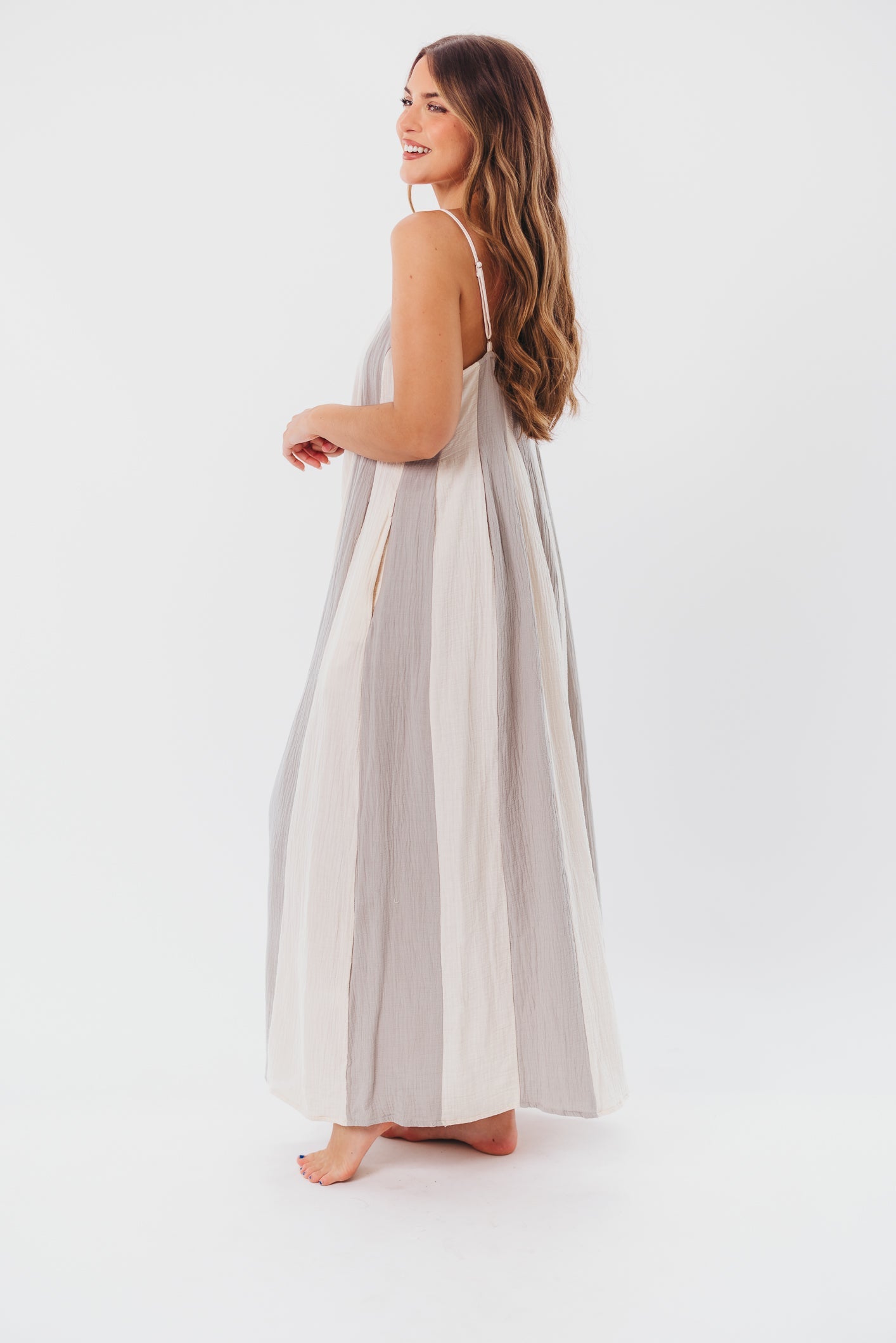 Tristan Spaghetti Strap Maxi Dress in Cream/Blue Stripe