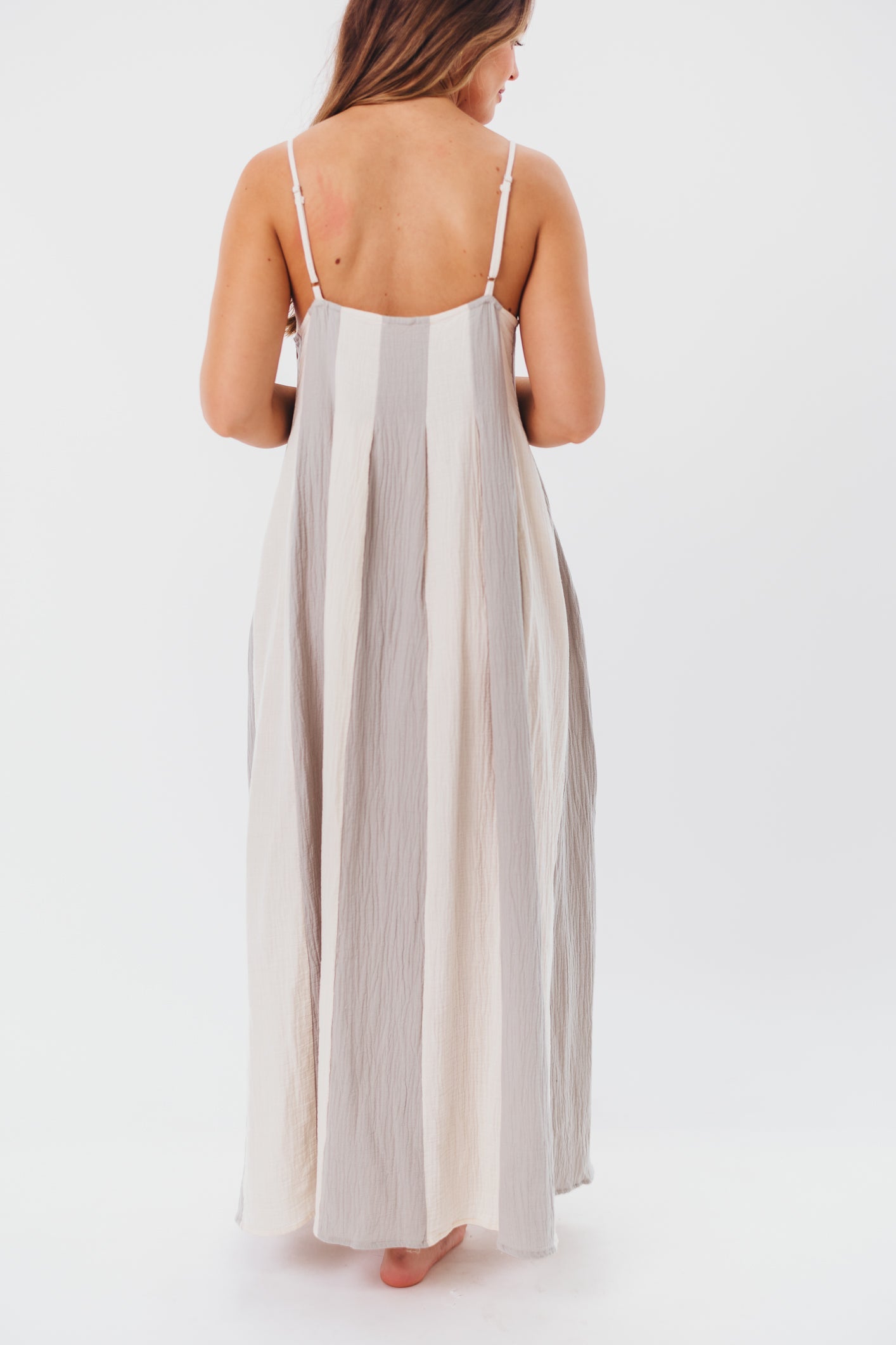 Tristan Spaghetti Strap Maxi Dress in Cream/Blue Stripe