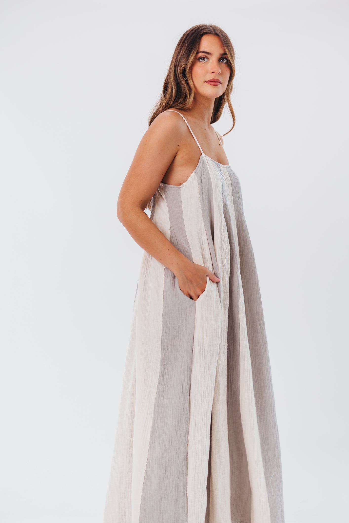 Tristan Spaghetti Strap Maxi Dress in Cream/Blue Stripe