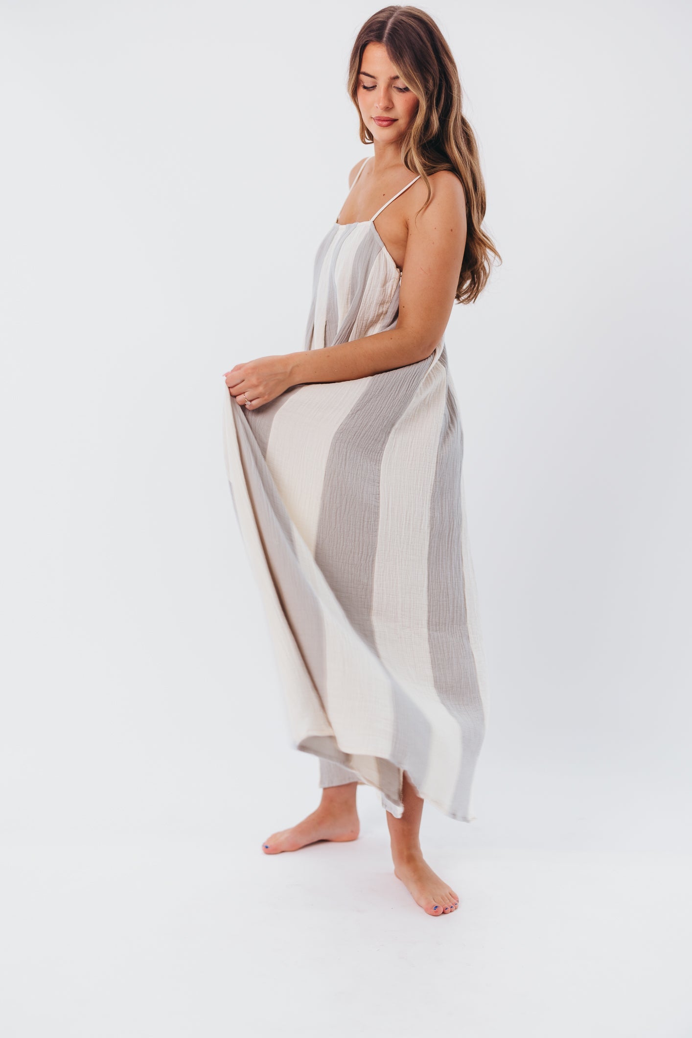 Tristan Spaghetti Strap Maxi Dress in Cream/Blue Stripe