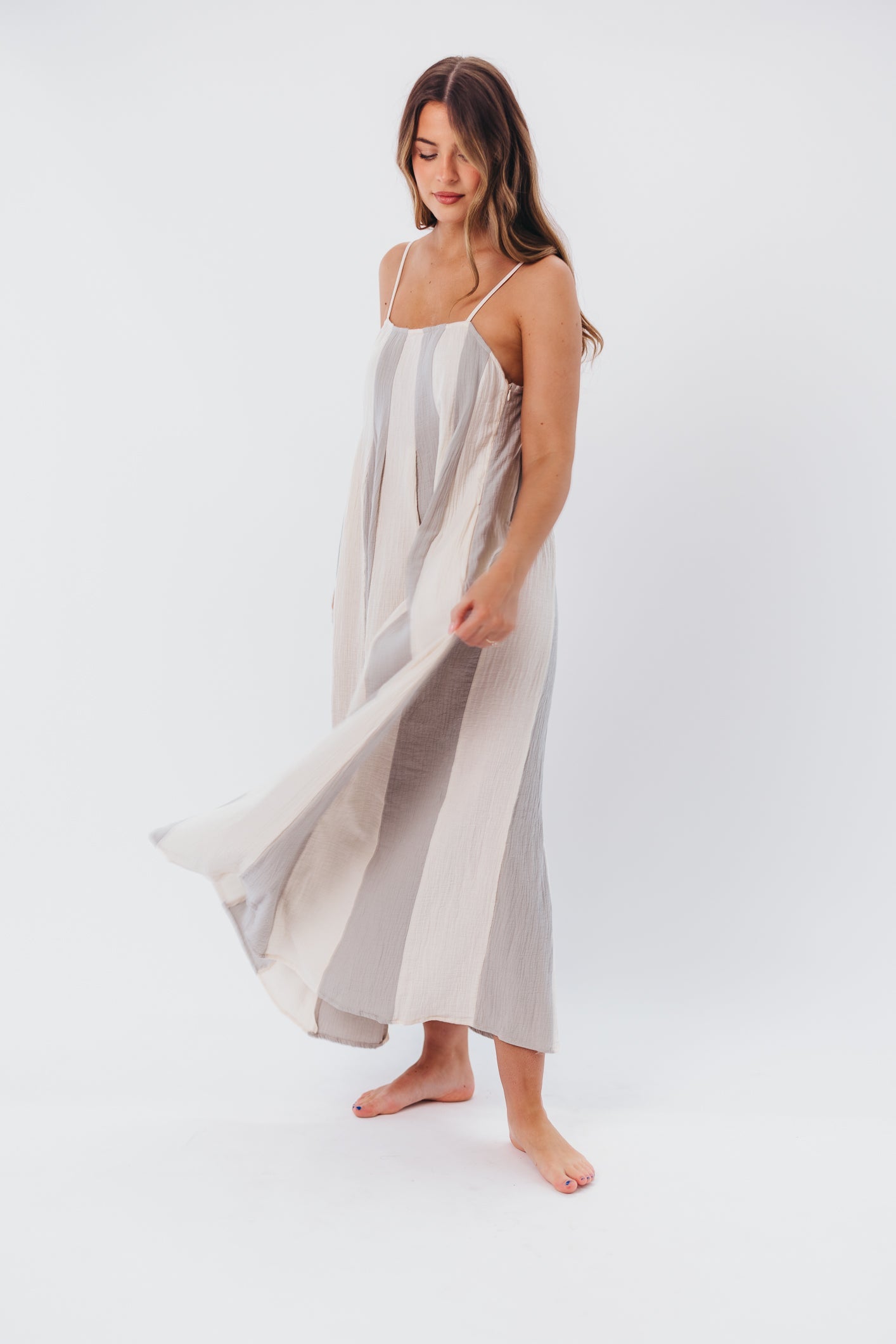 Tristan Spaghetti Strap Maxi Dress in Cream/Blue Stripe