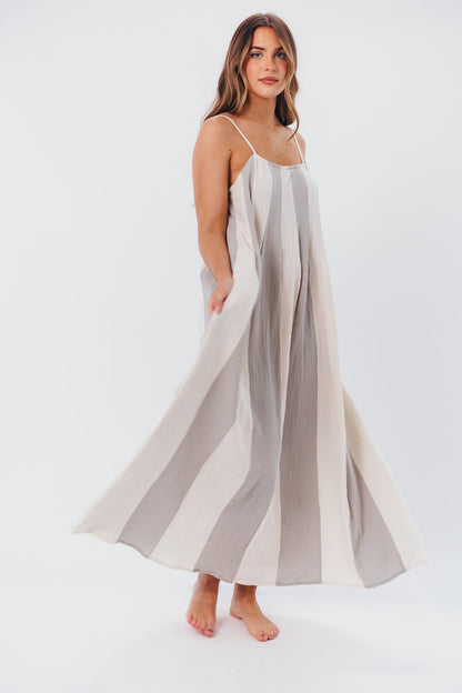 Tristan Spaghetti Strap Maxi Dress in Cream/Blue Stripe