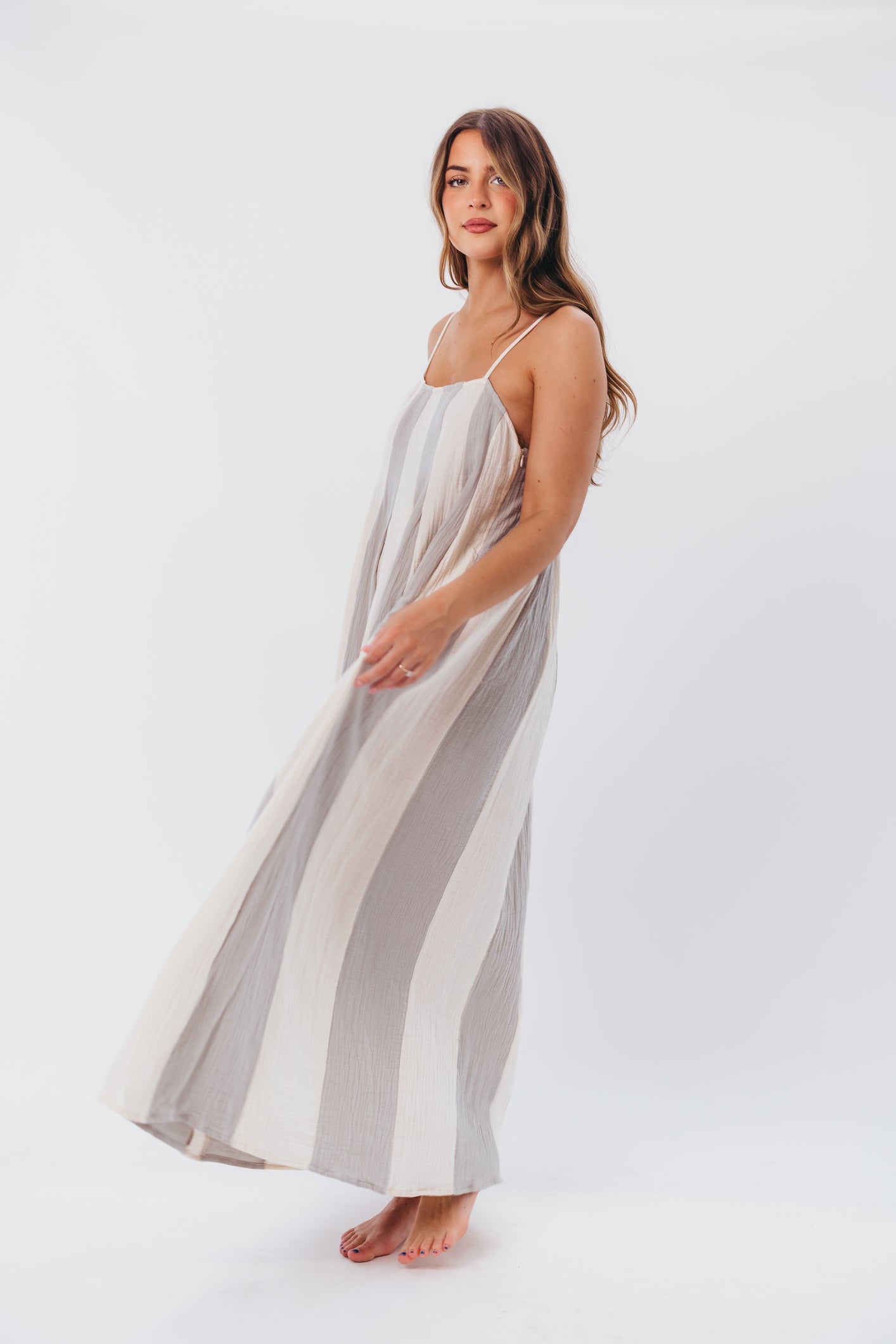 Tristan Spaghetti Strap Maxi Dress in Cream/Blue Stripe