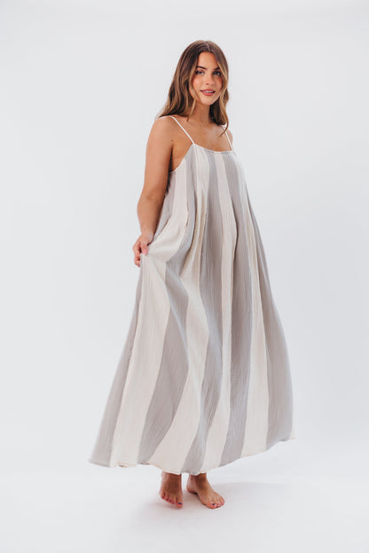 Tristan Spaghetti Strap Maxi Dress in Cream/Blue Stripe