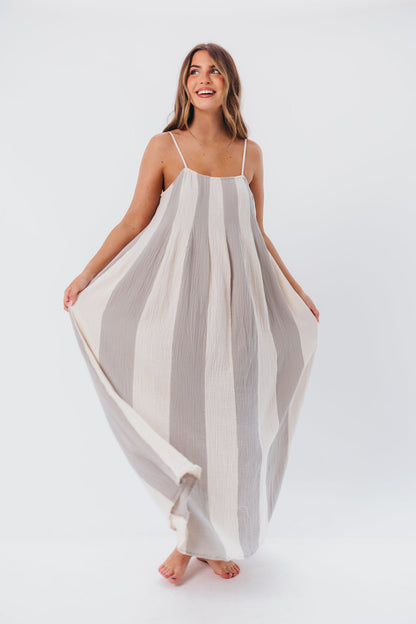 Tristan Spaghetti Strap Maxi Dress in Cream/Blue Stripe